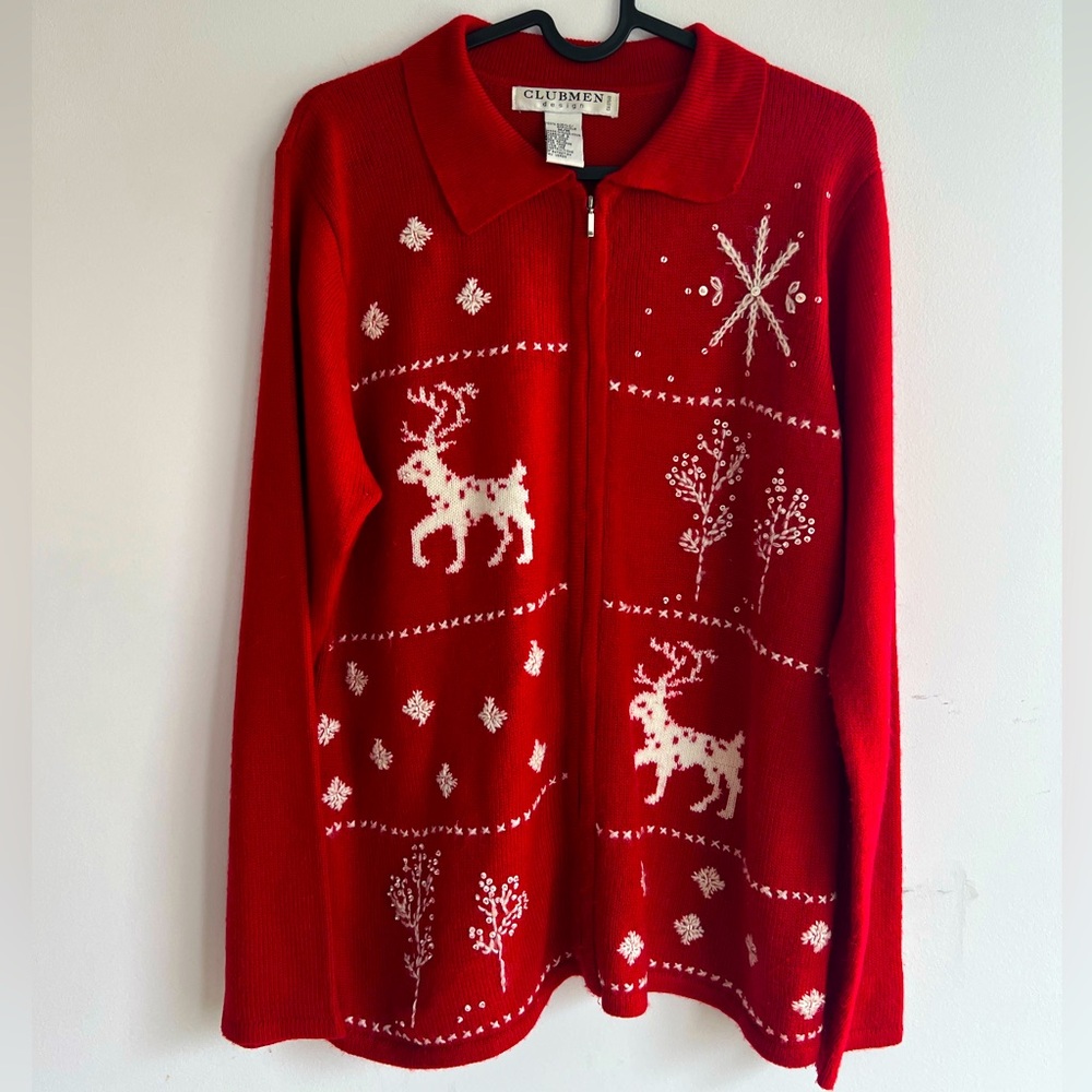 Ugly Christmas sweater  Cardigan Holiday  beaded  Red Reindeer , granny core